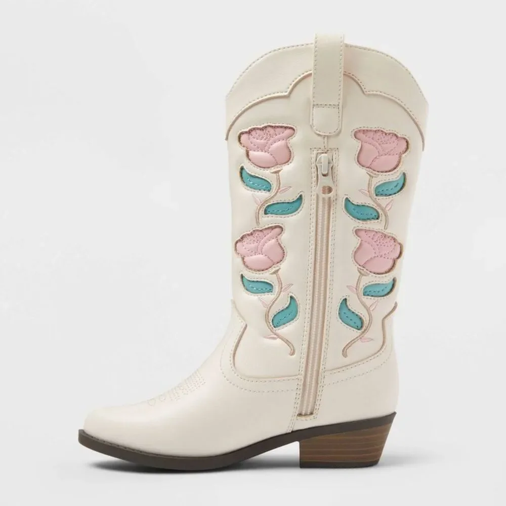 art class Cream Western Boots with Pink & Teal Floral Appliqué